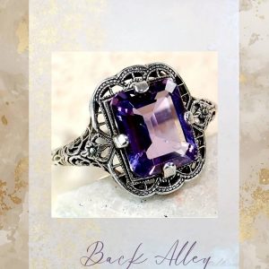 Vintage Square cut simulated alexandrite in silver tone setting